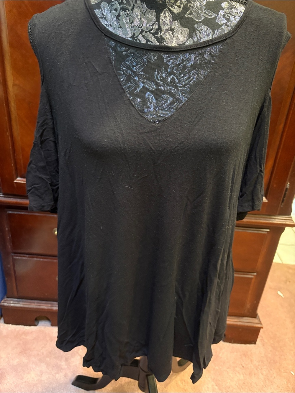 bobeau Black V-Neck Short Sleeve Tunic with Lace Inset